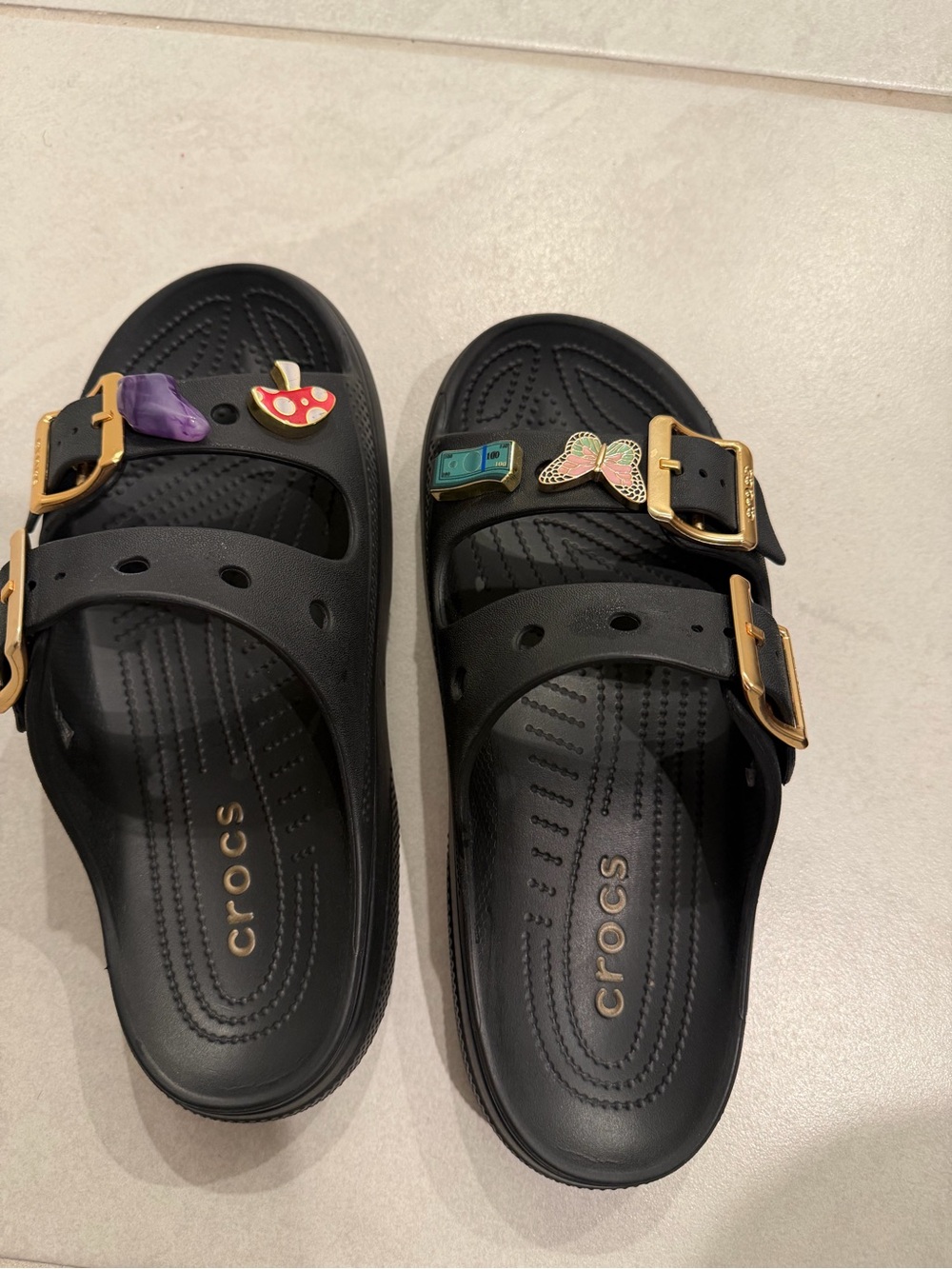 CROCS Black Slide Sandals with Gold Buckles and Jibbitz Charms